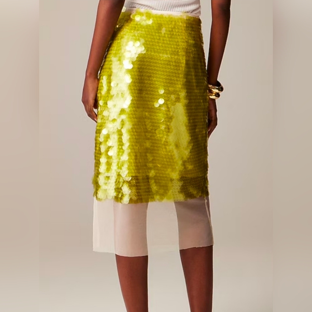 NWT J.Crew Collection Green Sequin Paillette Midi Skirt with Sheer Hem Size 6
